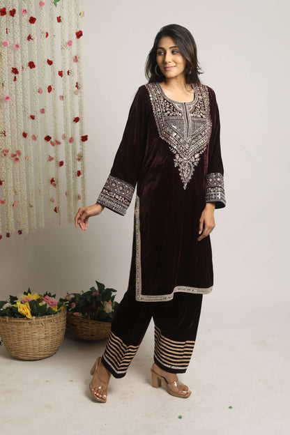 SUFI- Velvet Aari and mirror work Long kurta with Salwar and Dupatta