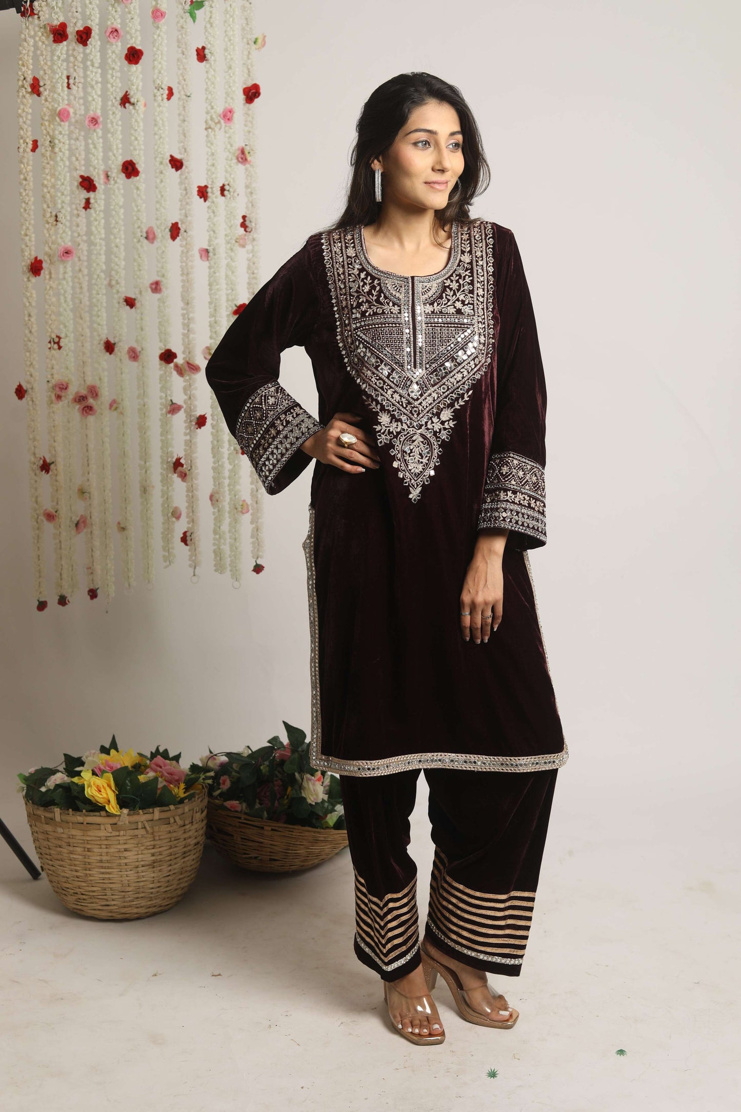 SUFI- Velvet Aari and mirror work Long kurta with Salwar and Dupatta