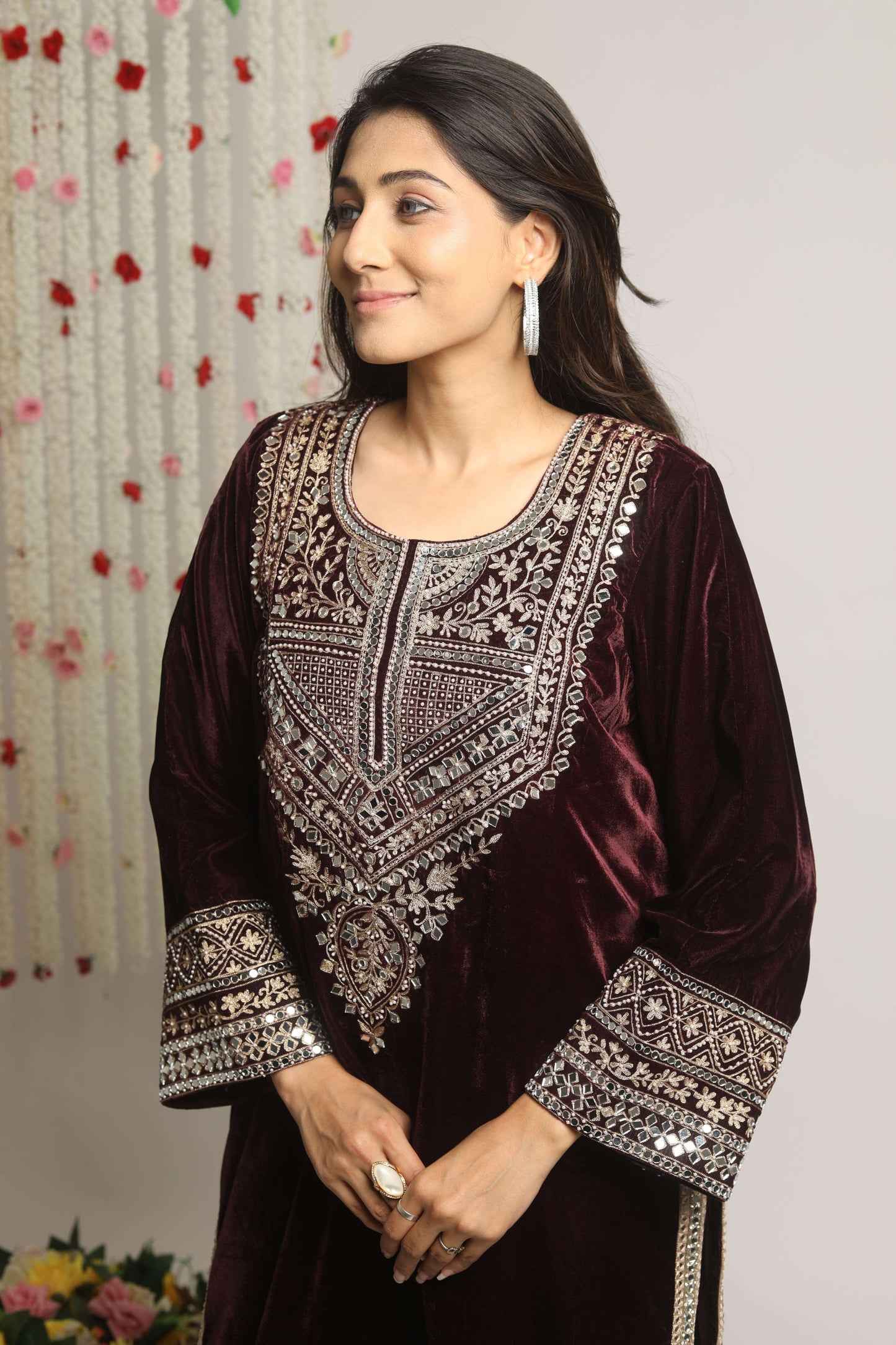 SUFI- Velvet Aari and mirror work Long kurta with Salwar and Dupatta