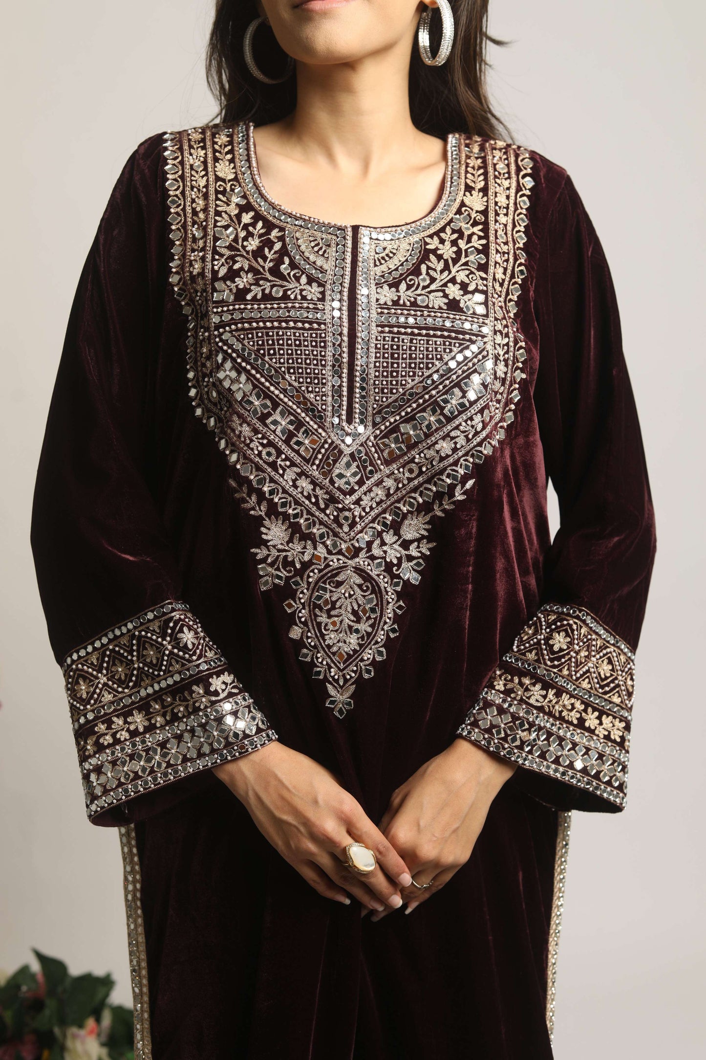 SUFI- Velvet Aari and mirror work Long kurta with Salwar and Dupatta