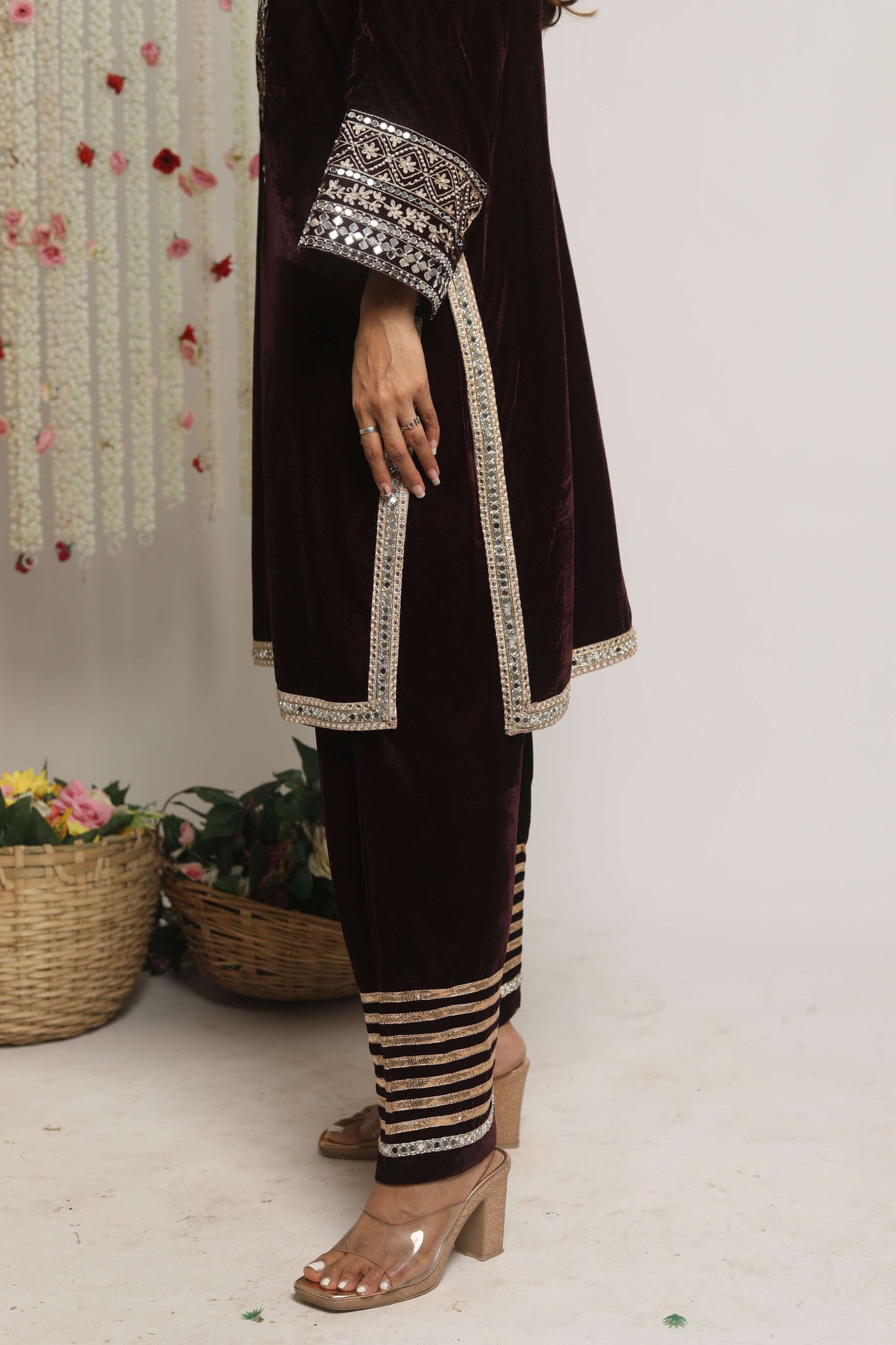 SUFI- Velvet Aari and mirror work Long kurta with Salwar and Dupatta