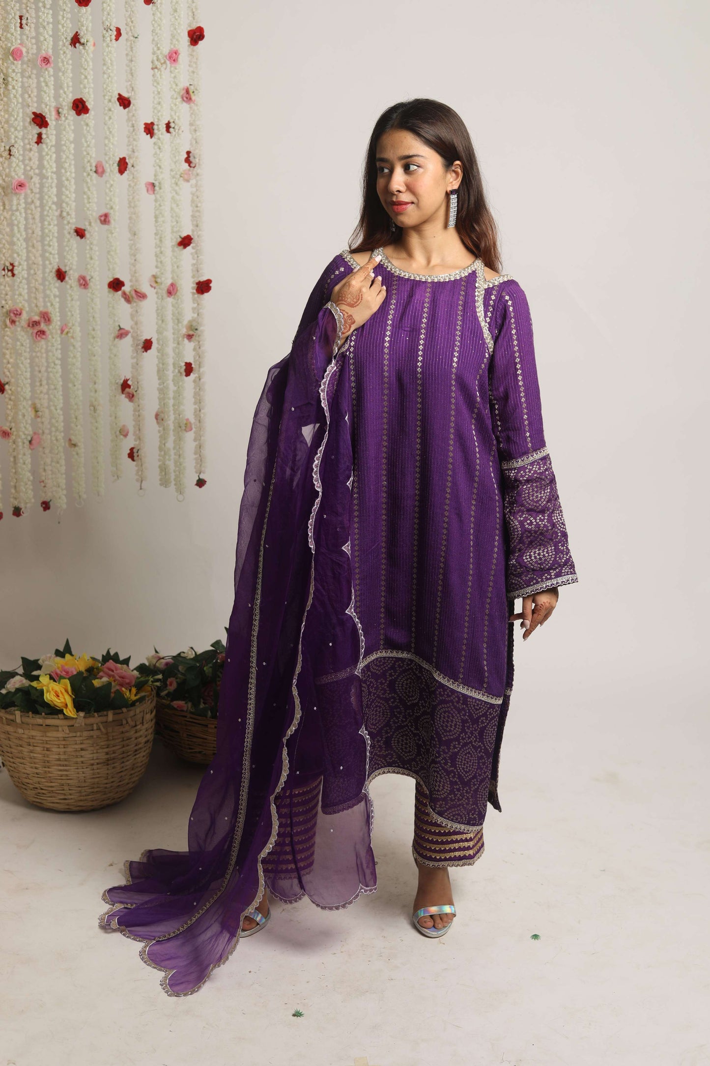 HOOR~ Long Kurta with straight pants and dupatta (Purple)