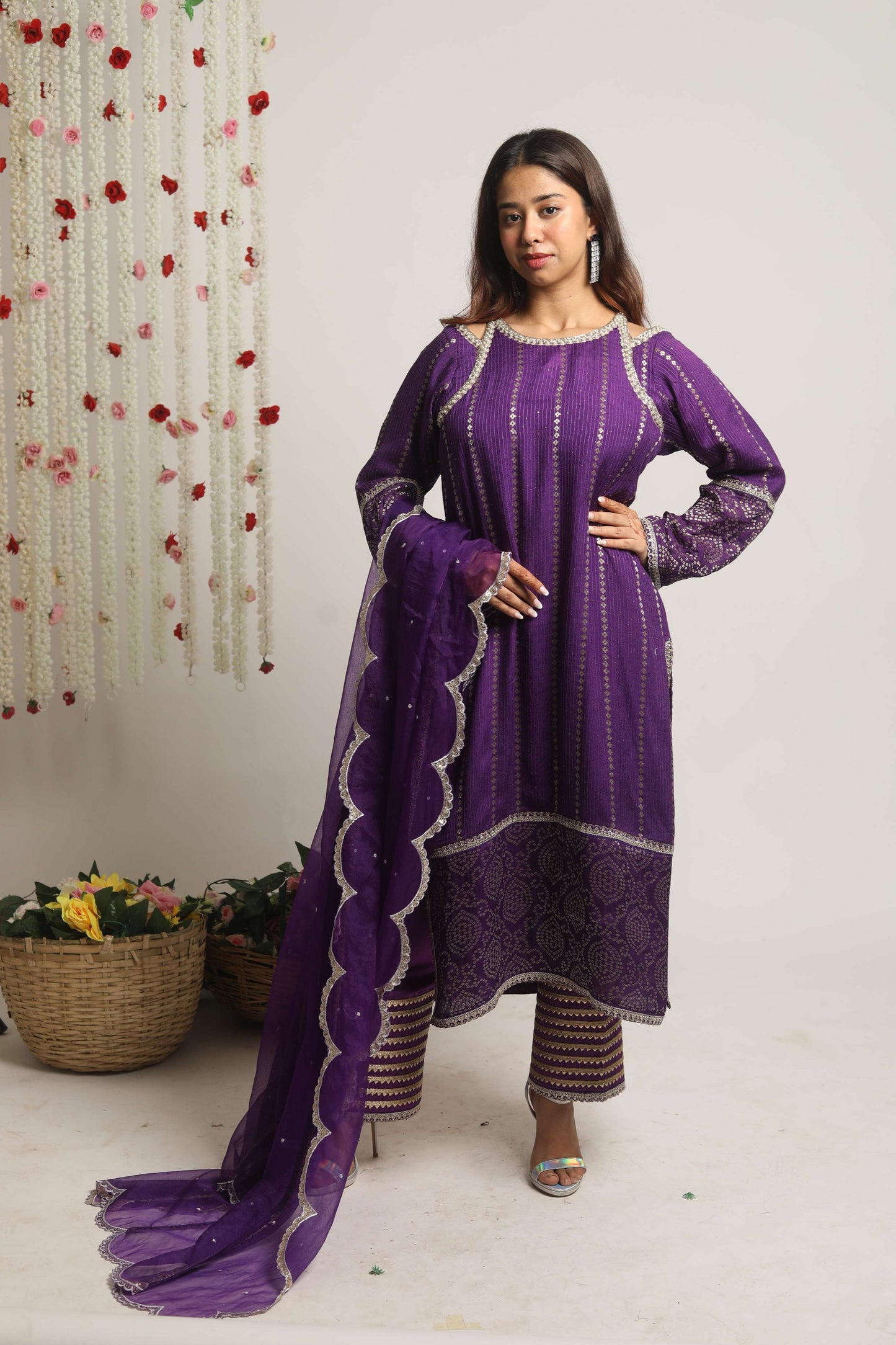 HOOR~ Long Kurta with straight pants and dupatta (Purple)