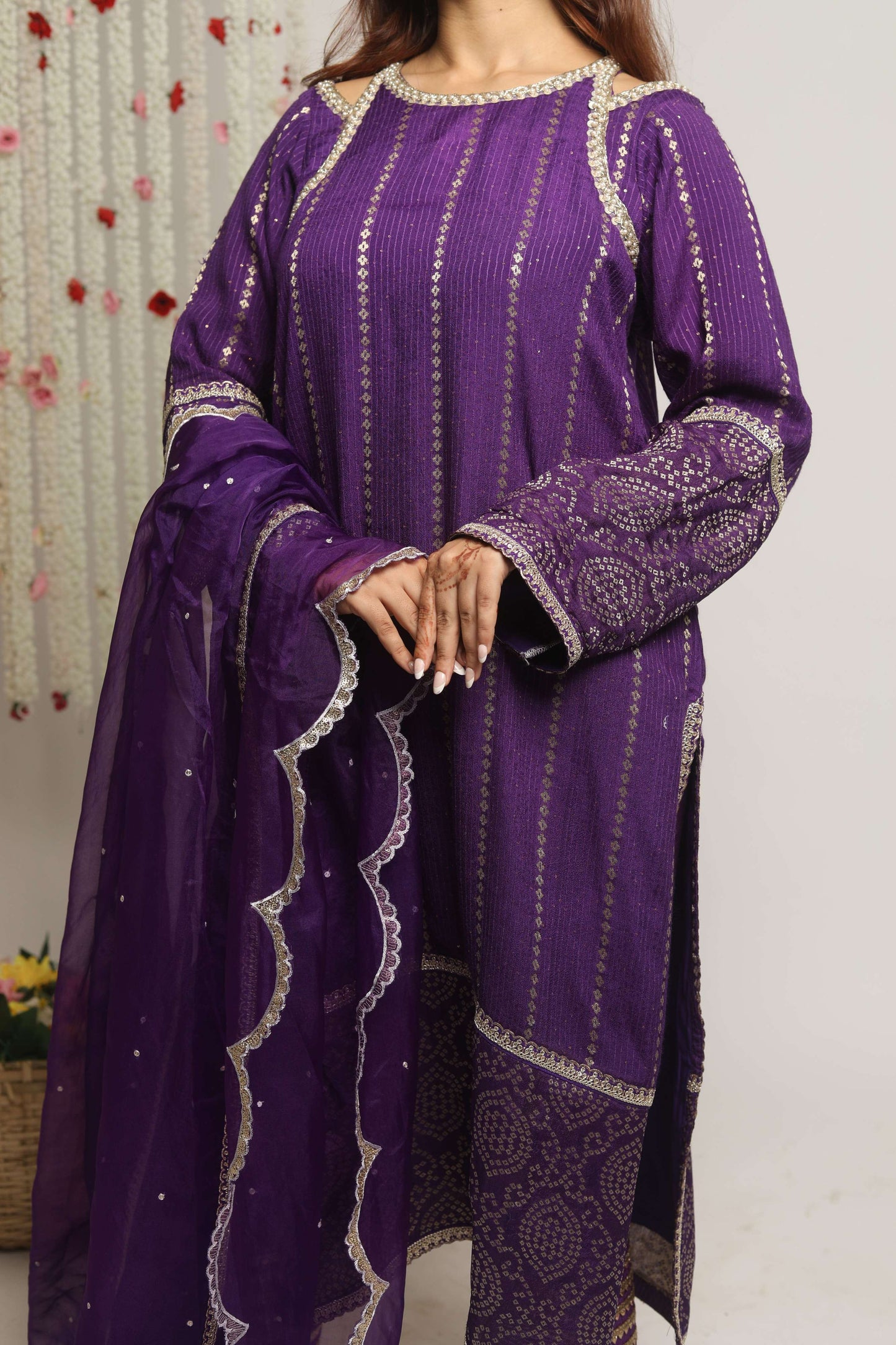 HOOR~ Long Kurta with straight pants and dupatta (Purple)