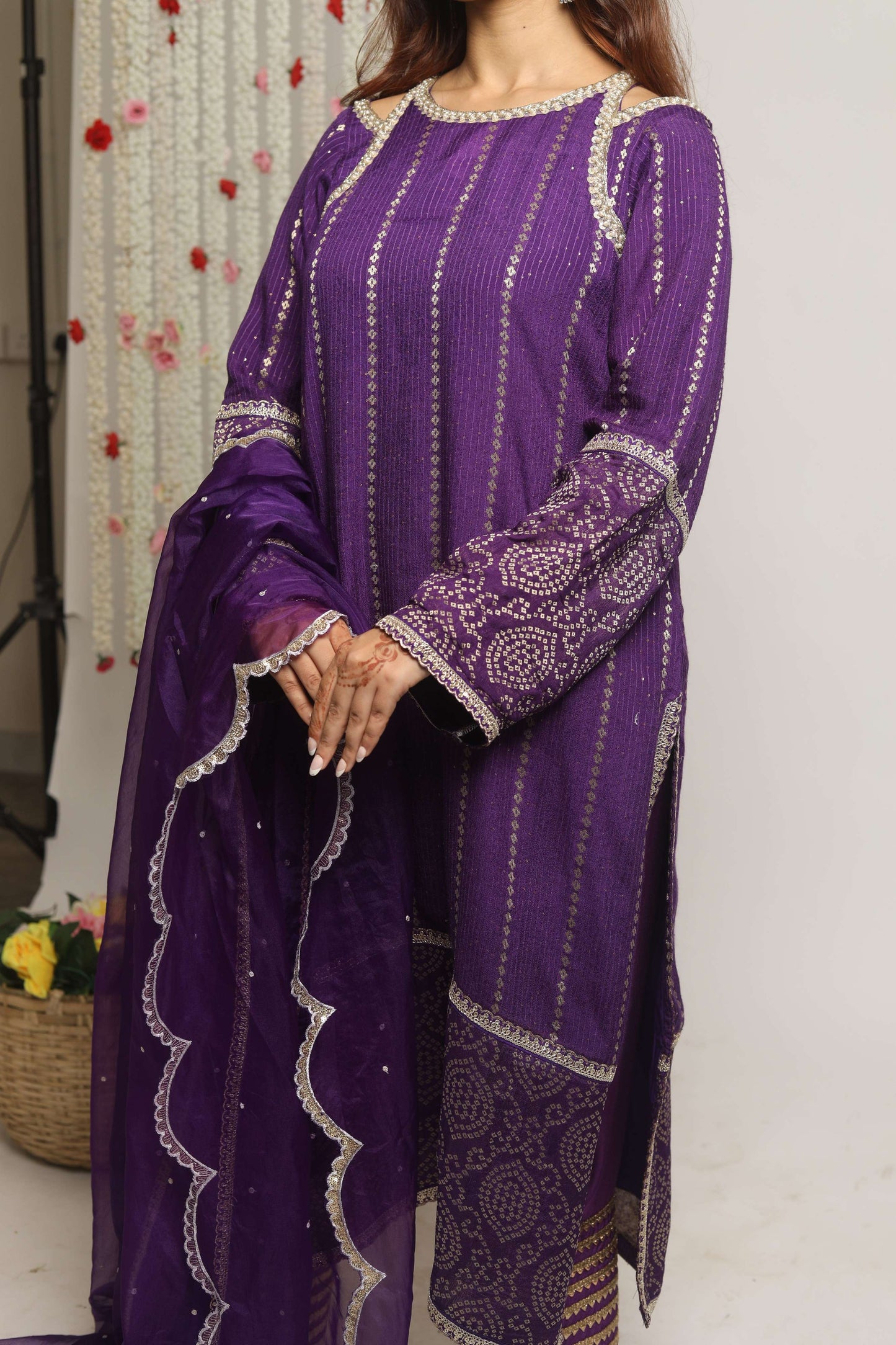 HOOR~ Long Kurta with straight pants and dupatta (Purple)