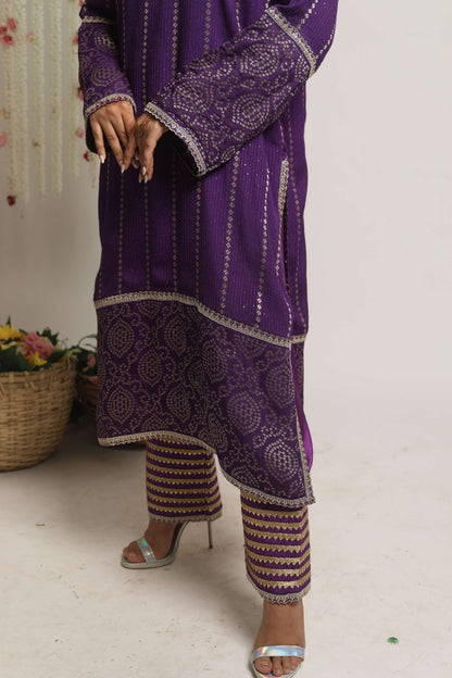 HOOR~ Long Kurta with straight pants and dupatta (Purple)