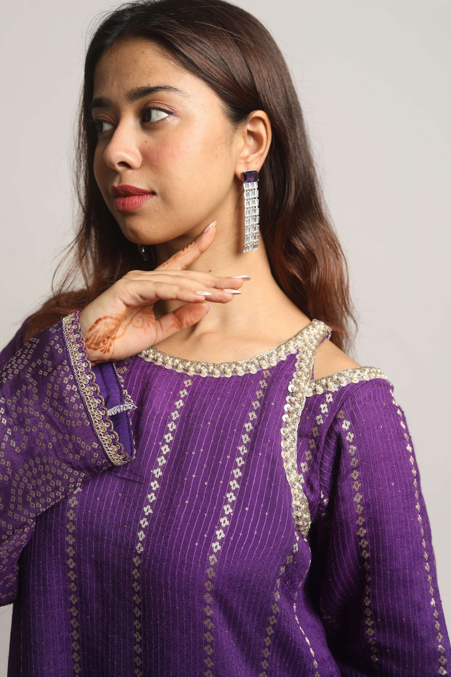 HOOR~ Long Kurta with straight pants and dupatta (Purple)