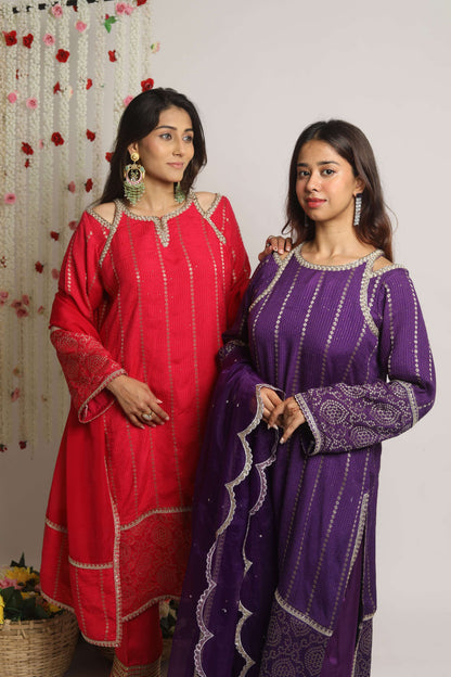 HOOR~ Long Kurta with straight pants and dupatta (Purple)