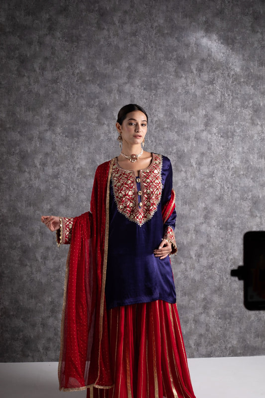 Red & Ink Blue Kasab Zari Short Kurta Set with dupatta