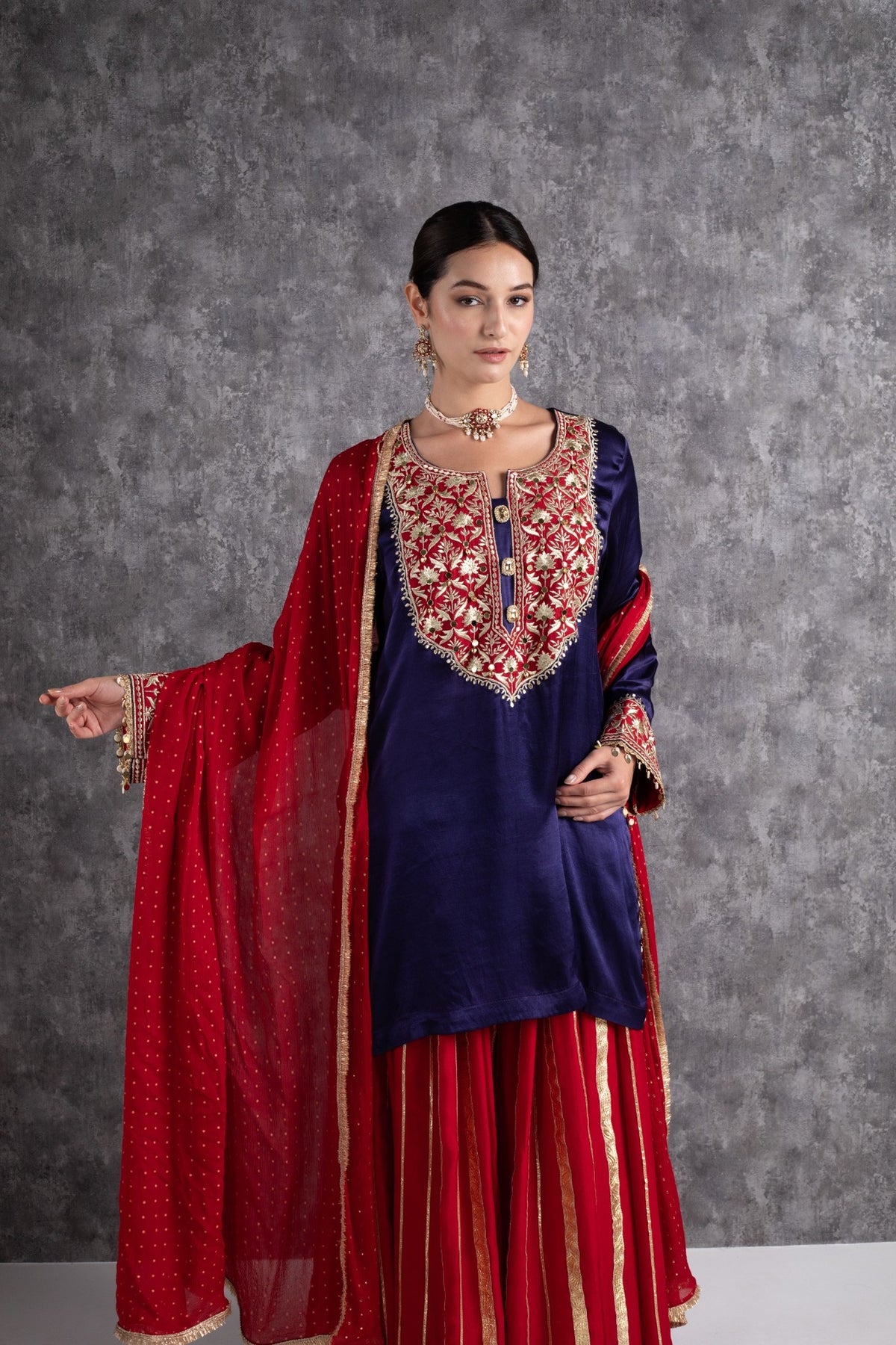 Red & Ink Blue Kasab Zari Short Kurta Set with dupatta