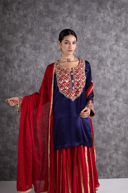 Red & Ink Blue Kasab Zari Short Kurta Set with dupatta