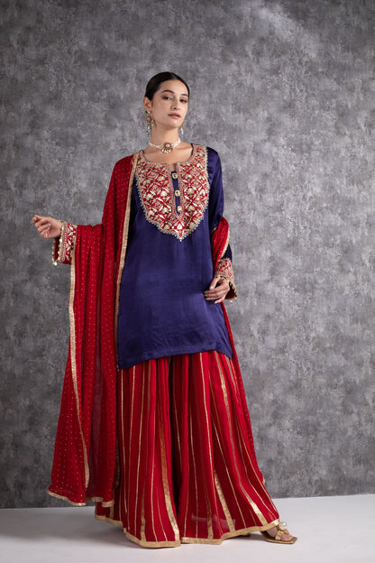 Red & Ink Blue Kasab Zari Short Kurta Set with dupatta