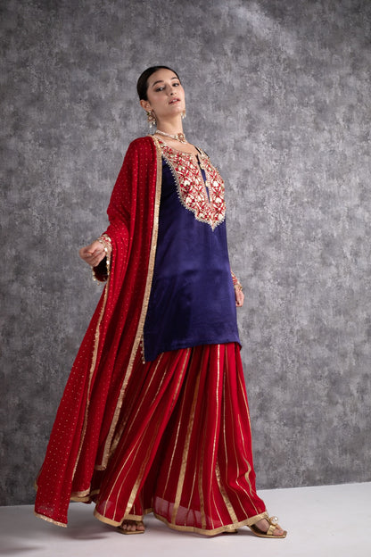 Red & Ink Blue Kasab Zari Short Kurta Set with dupatta