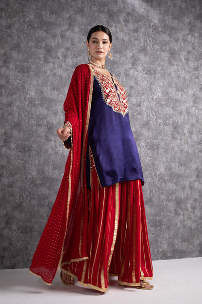 Red & Ink Blue Kasab Zari Short Kurta Set with dupatta