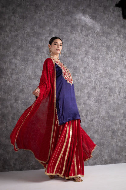 Red & Ink Blue Kasab Zari Short Kurta Set with dupatta