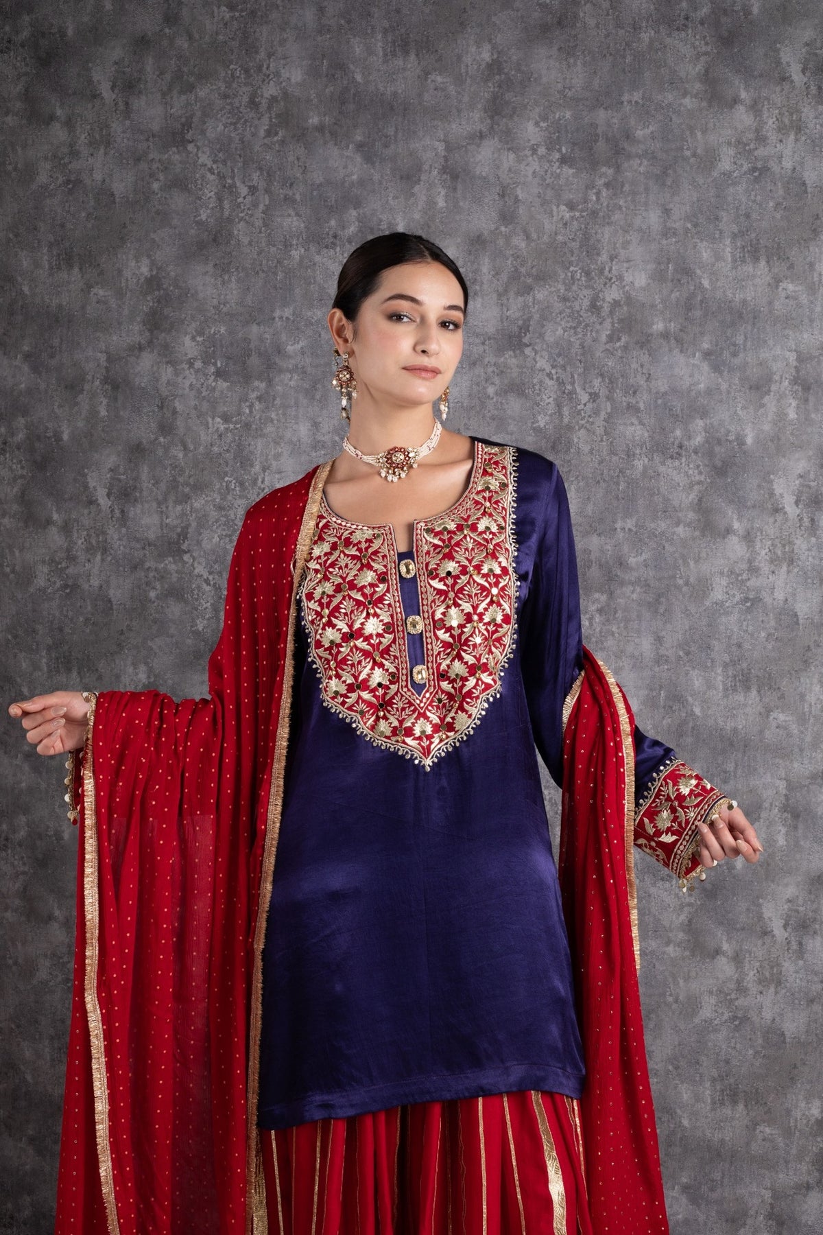 Red & Ink Blue Kasab Zari Short Kurta Set with dupatta