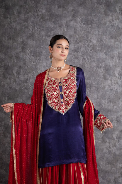 Red & Ink Blue Kasab Zari Short Kurta Set with dupatta