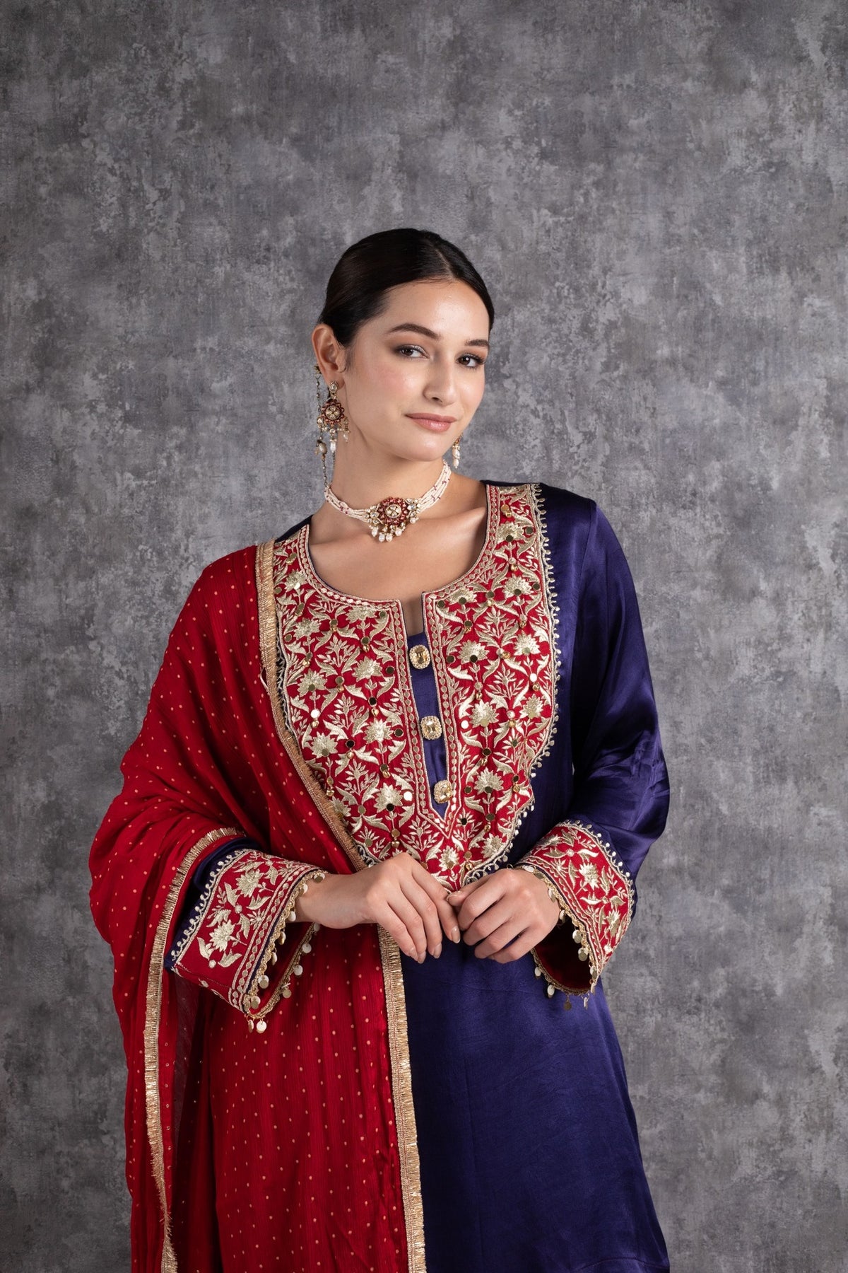 Red & Ink Blue Kasab Zari Short Kurta Set with dupatta