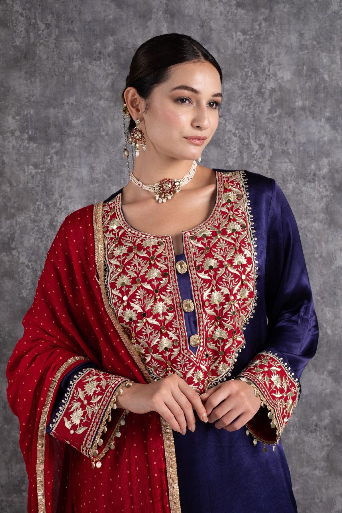 Red & Ink Blue Kasab Zari Short Kurta Set with dupatta