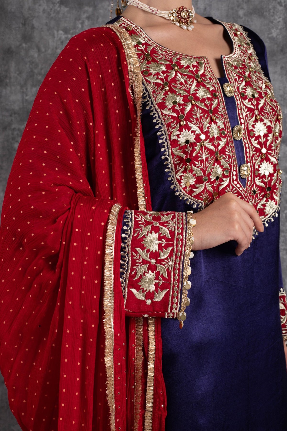 Red & Ink Blue Kasab Zari Short Kurta Set with dupatta