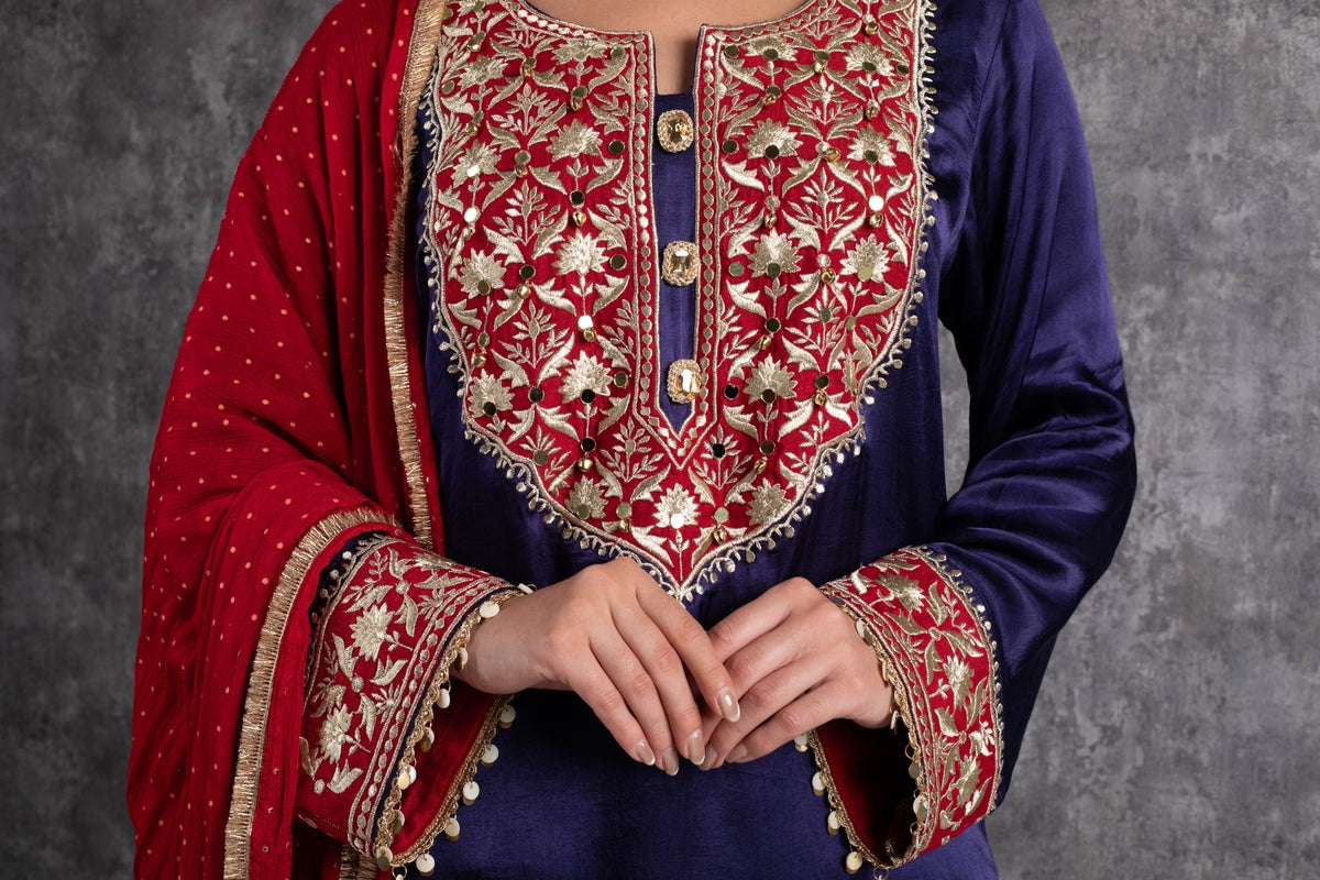 Red & Ink Blue Kasab Zari Short Kurta Set with dupatta