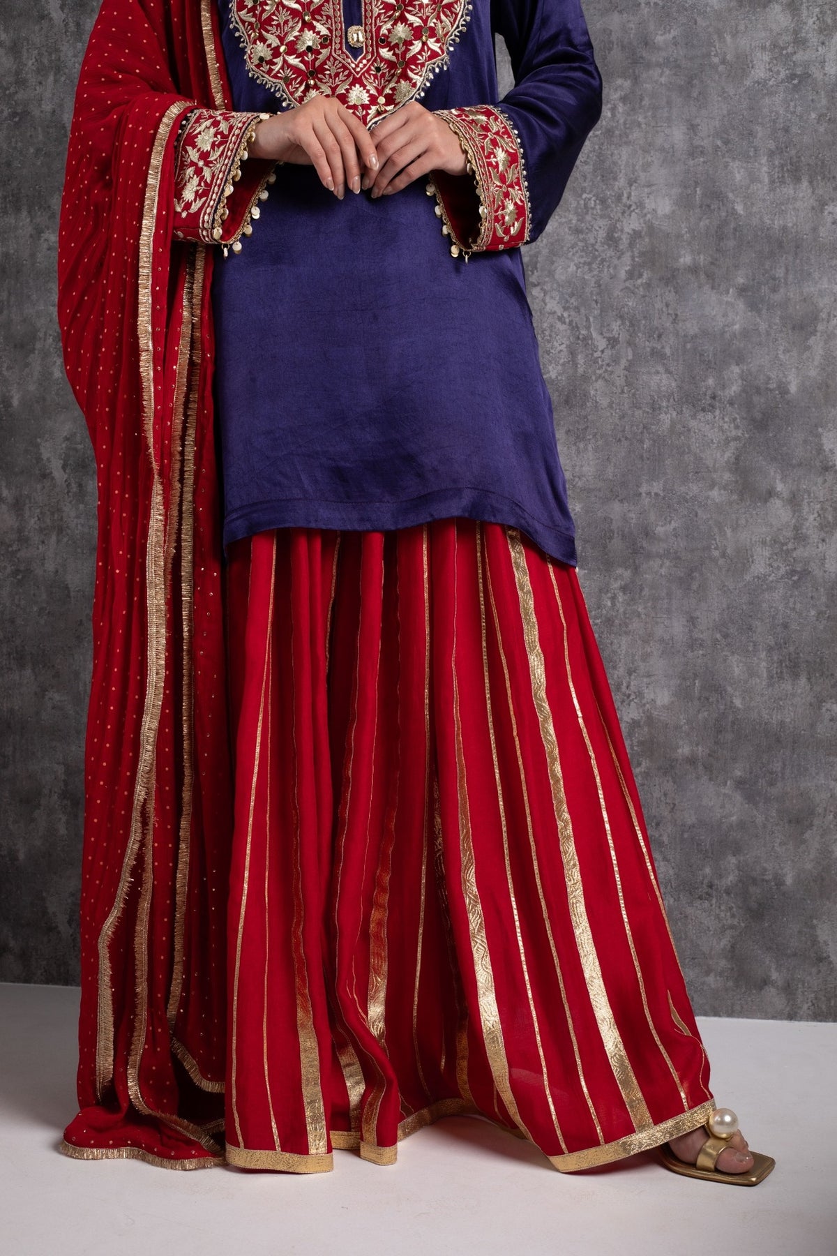 Red & Ink Blue Kasab Zari Short Kurta Set with dupatta