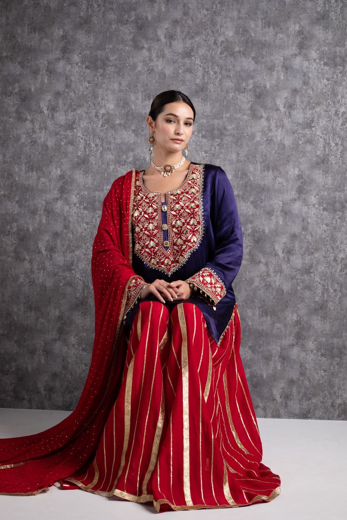 Red & Ink Blue Kasab Zari Short Kurta Set with dupatta