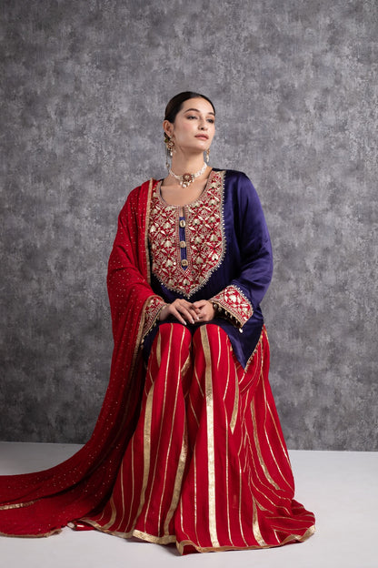 Red & Ink Blue Kasab Zari Short Kurta Set with dupatta