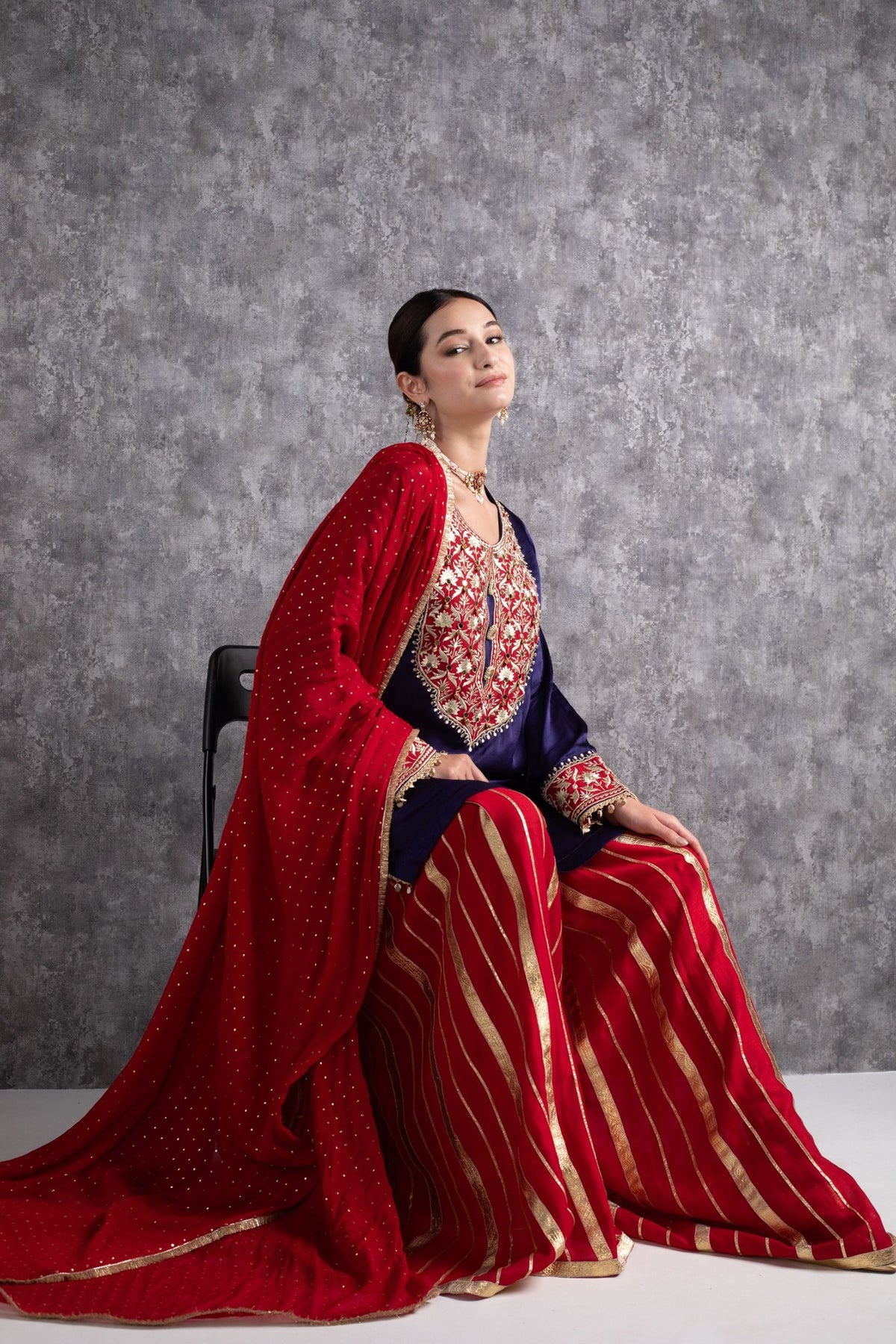 Red & Ink Blue Kasab Zari Short Kurta Set with dupatta