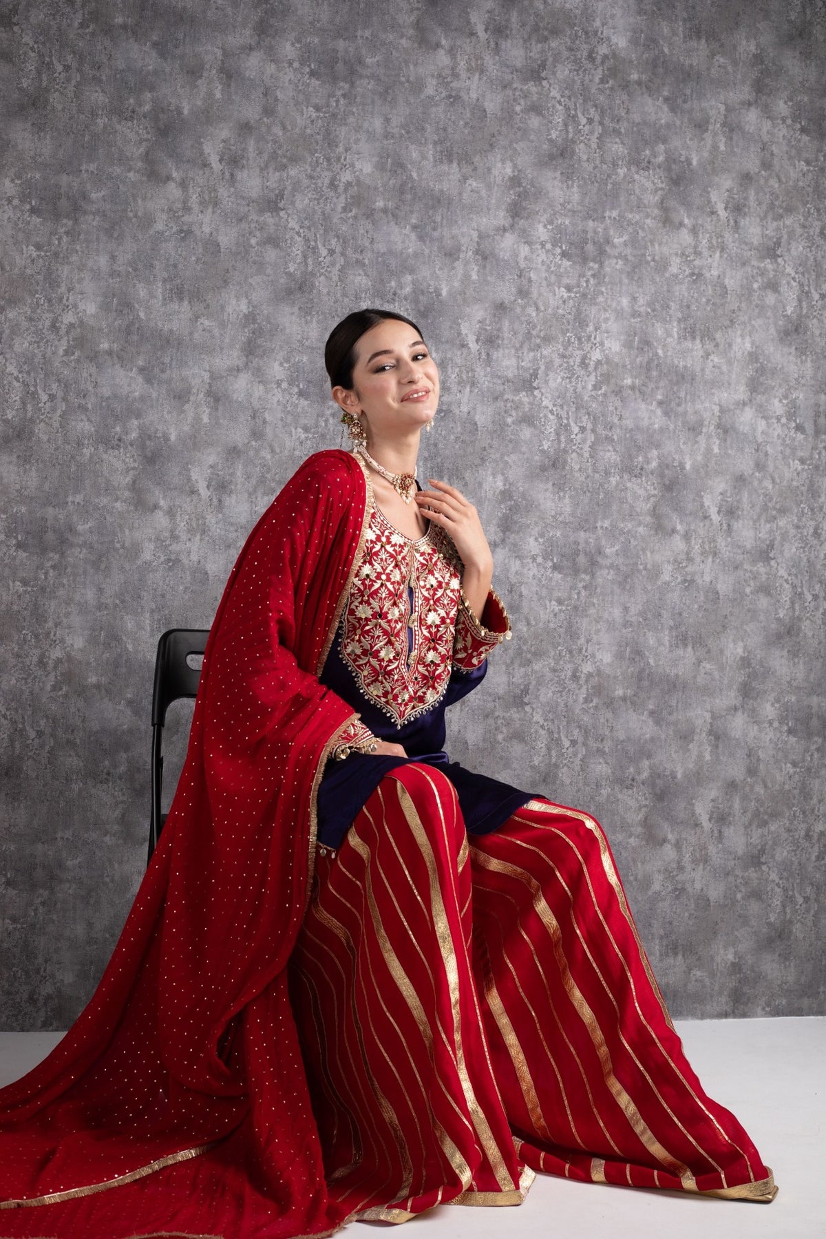 Red & Ink Blue Kasab Zari Short Kurta Set with dupatta