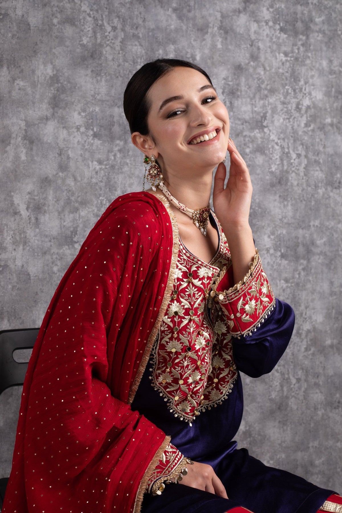 Red & Ink Blue Kasab Zari Short Kurta Set with dupatta