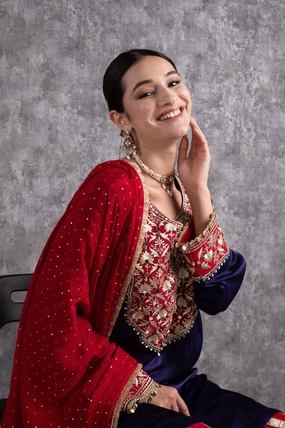 Red & Ink Blue Kasab Zari Short Kurta Set with dupatta