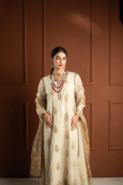 Ivory Gold & Maroon Tissue Silk Gown Set with Embroidered Long Koti and Dupatta