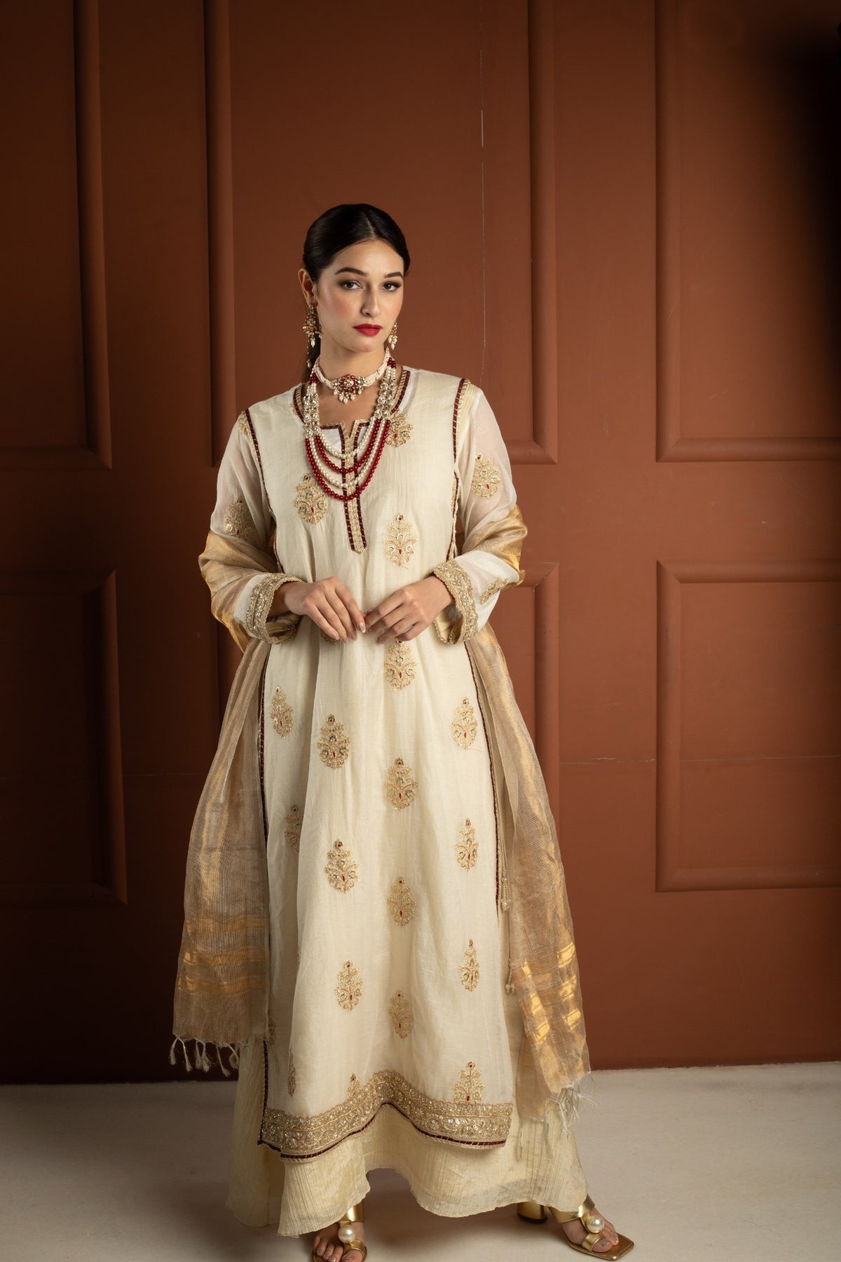 Ivory Gold & Maroon Tissue Silk Gown Set with Embroidered Long Koti and Dupatta