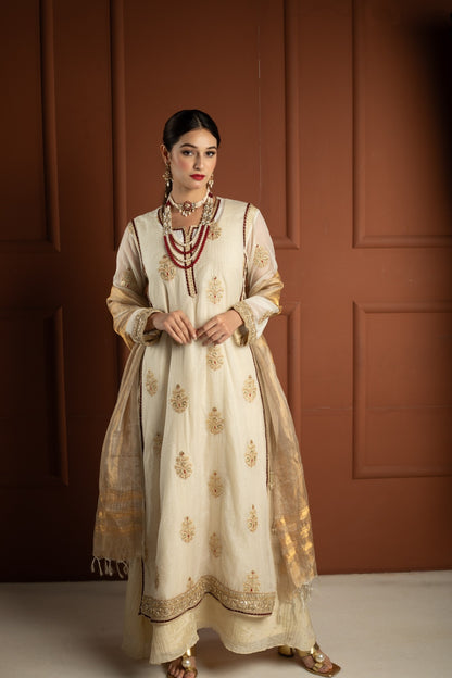 Ivory Gold & Maroon Tissue Silk Gown Set with Embroidered Long Koti and Dupatta