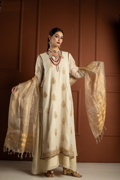Ivory Gold & Maroon Tissue Silk Gown Set with Embroidered Long Koti and Dupatta
