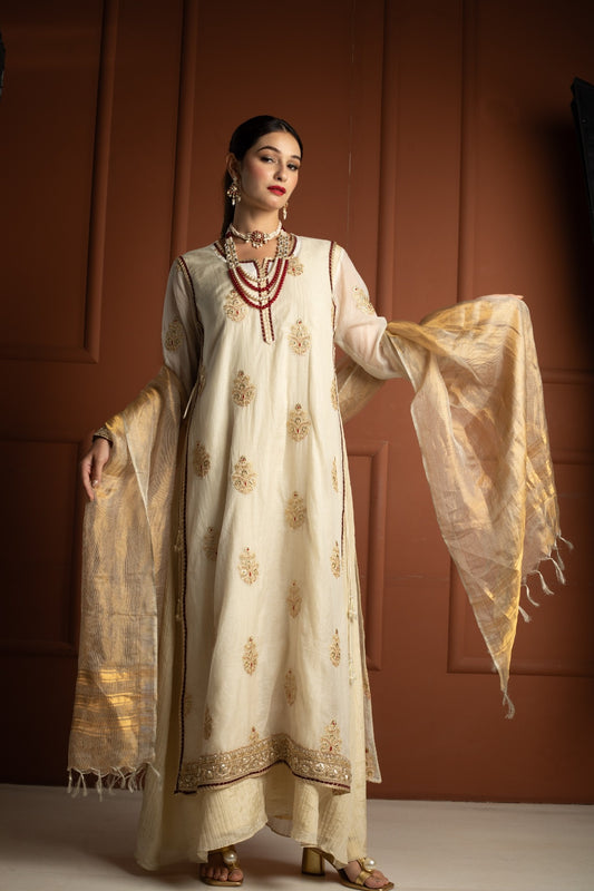 Ivory Gold & Maroon Tissue Silk Gown Set with Embroidered Long Koti and Dupatta