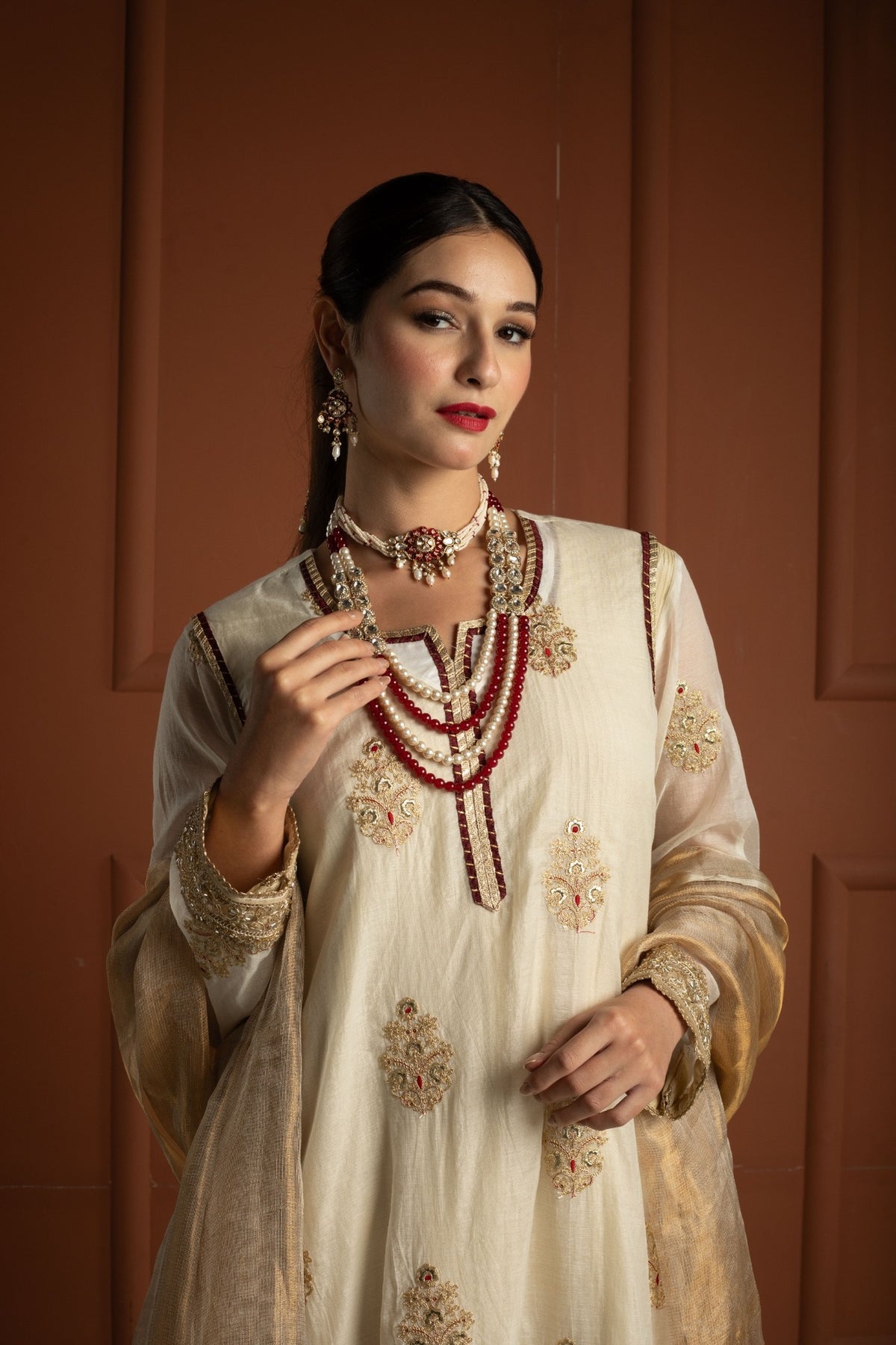 Ivory Gold & Maroon Tissue Silk Gown Set with Embroidered Long Koti and Dupatta