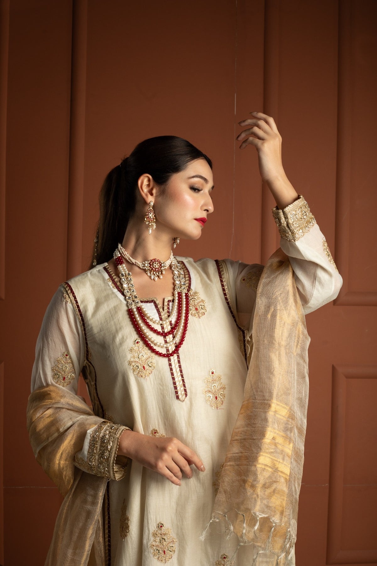 Ivory Gold & Maroon Tissue Silk Gown Set with Embroidered Long Koti and Dupatta