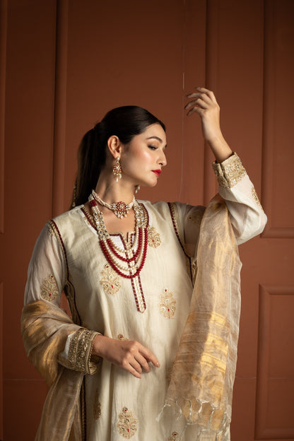 Ivory Gold & Maroon Tissue Silk Gown Set with Embroidered Long Koti and Dupatta