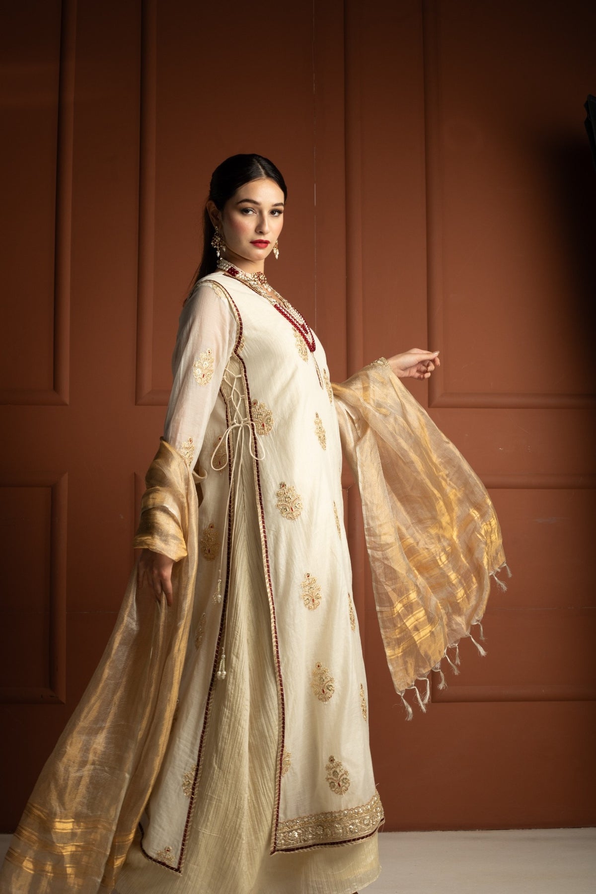 Ivory Gold & Maroon Tissue Silk Gown Set with Embroidered Long Koti and Dupatta