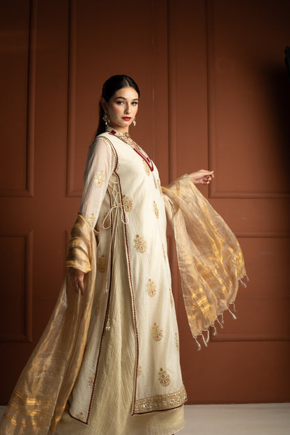 Ivory Gold & Maroon Tissue Silk Gown Set with Embroidered Long Koti and Dupatta