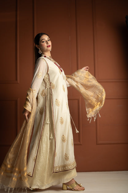 Ivory Gold & Maroon Tissue Silk Gown Set with Embroidered Long Koti and Dupatta