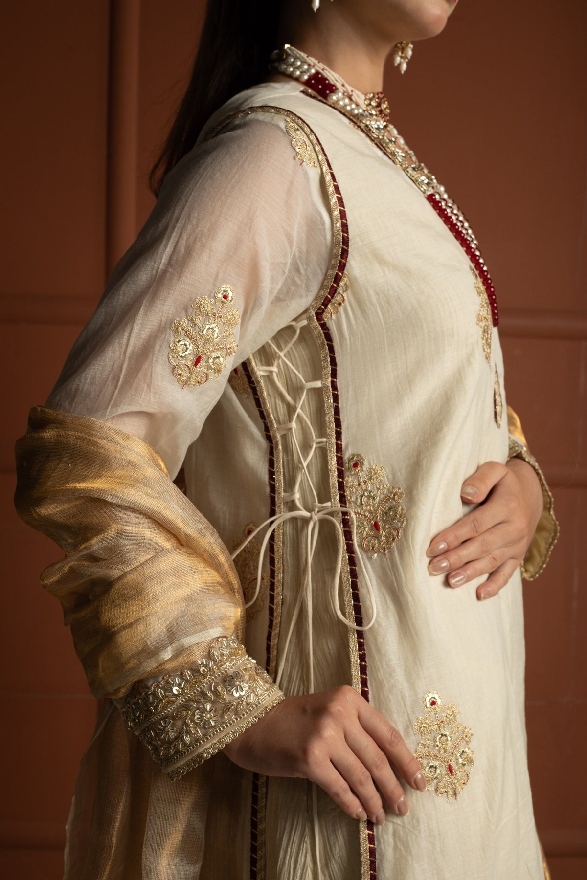 Ivory Gold & Maroon Tissue Silk Gown Set with Embroidered Long Koti and Dupatta