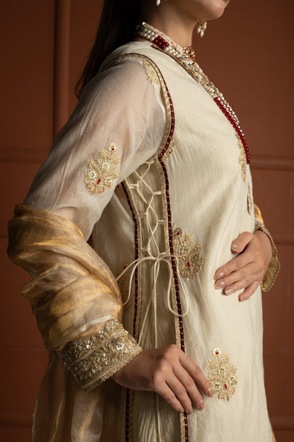 Ivory Gold & Maroon Tissue Silk Gown Set with Embroidered Long Koti and Dupatta