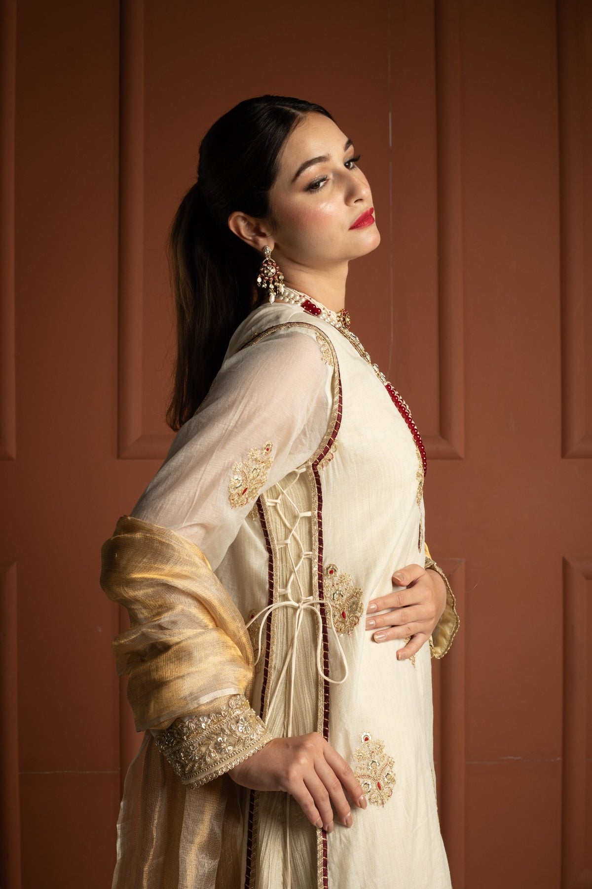 Ivory Gold & Maroon Tissue Silk Gown Set with Embroidered Long Koti and Dupatta