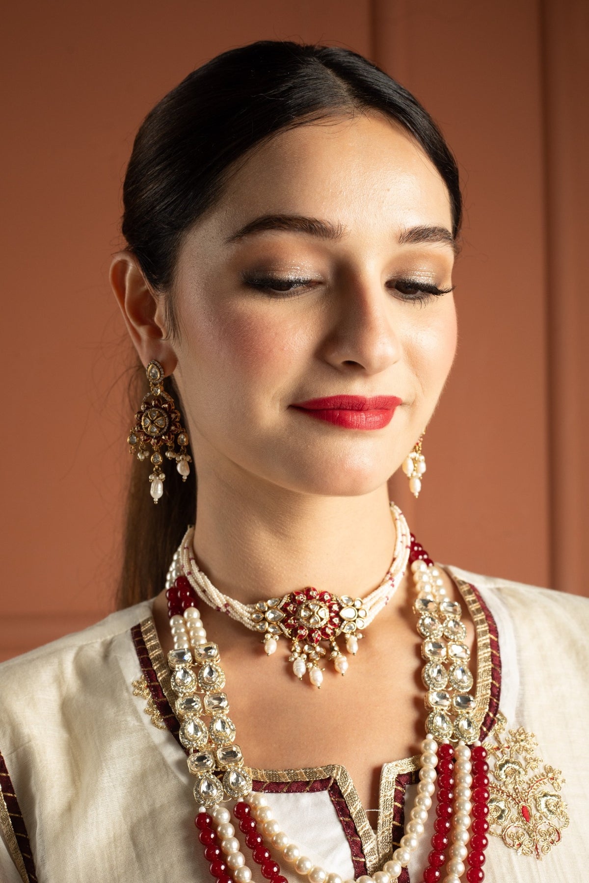 Ivory Gold & Maroon Tissue Silk Gown Set with Embroidered Long Koti and Dupatta