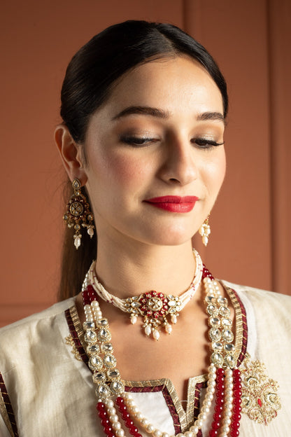Ivory Gold & Maroon Tissue Silk Gown Set with Embroidered Long Koti and Dupatta