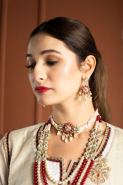 Ivory Gold & Maroon Tissue Silk Gown Set with Embroidered Long Koti and Dupatta