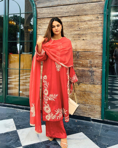 Long kurta with flair pants and organza silk dupatta